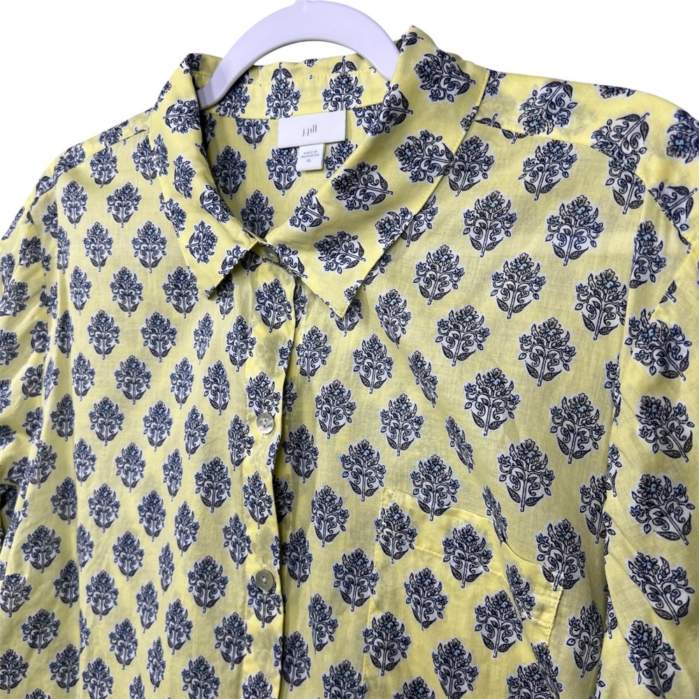 J.Jill Button Front Shirt Womens XL Yellow Damask Floral Cotton Long Sleeve